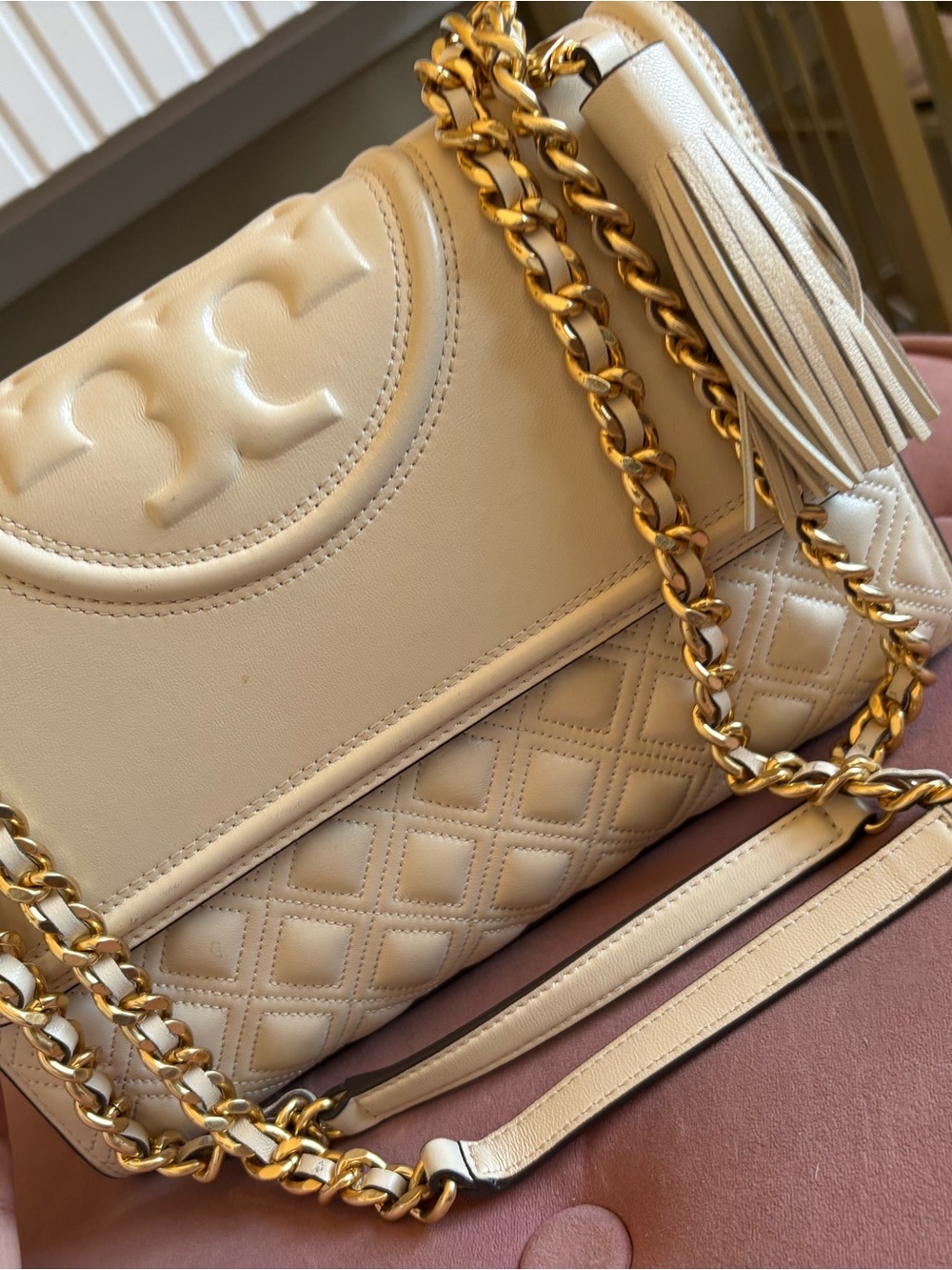 Tory Burch Cream Quilted Leather Shoulder Bag with Tassel and Gold Chain